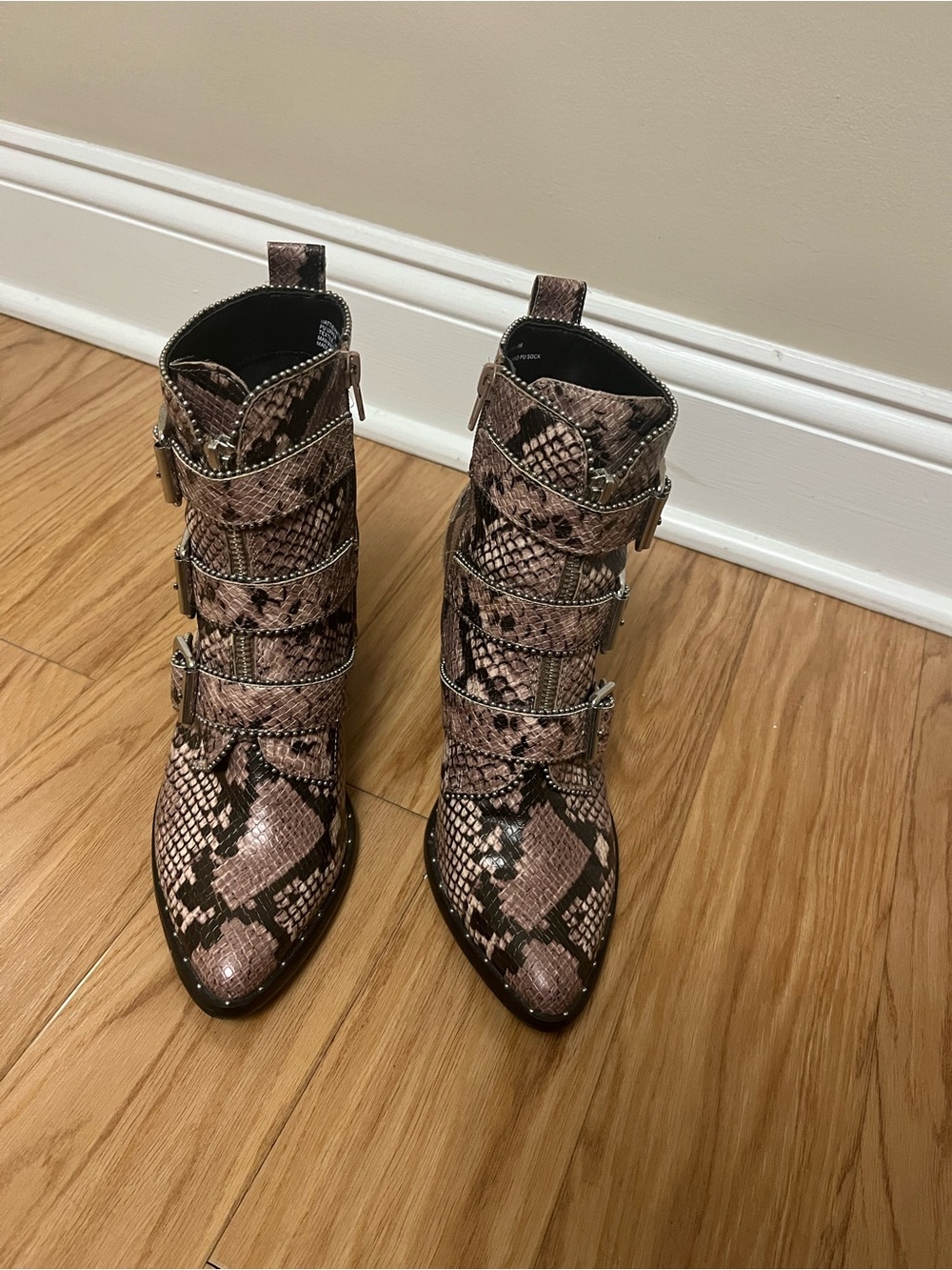 Steve Madden Brown/Black Snake-Print Pointed Ankle Booties with Buckles
